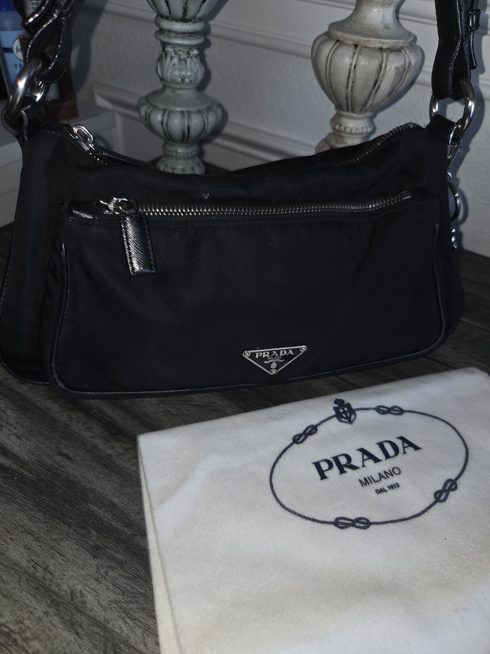 Prada Black Nylon Shoulder Bag with Chain-Link Strap - Picture 8 of 16